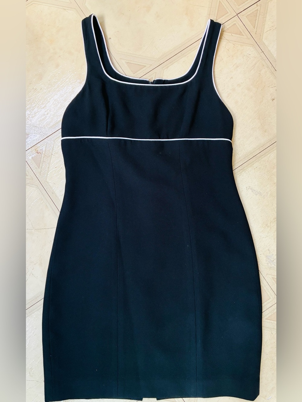Vintage Bebe Classic Black Sheath Dress with White Piping
